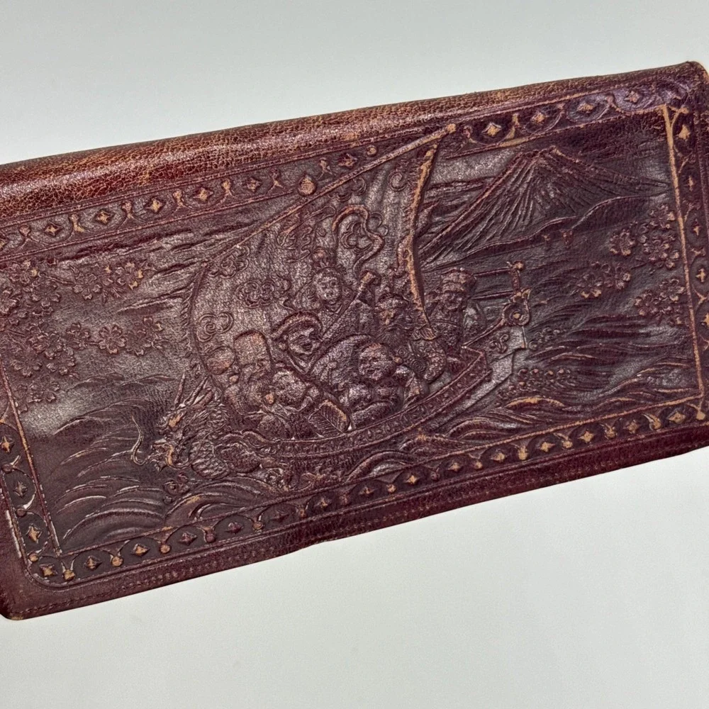 Vintage Leather Wallet With Dragon Sailing 6 Passengers Boat‎ Island Japan MTN